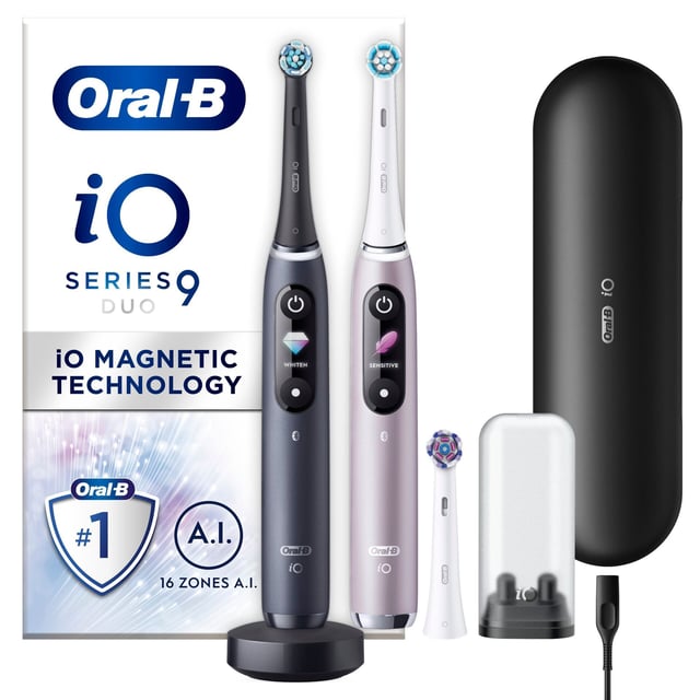 Oral-B iO 9 Eltandborste Duopack, Svart och Rosa, 3 tandborsthuvuden, 1 laddningsbart resefodral | Munvård - Tandborste - Tandborsthuvud,Munvård - Tandborste - Eltandborste | Apoteka