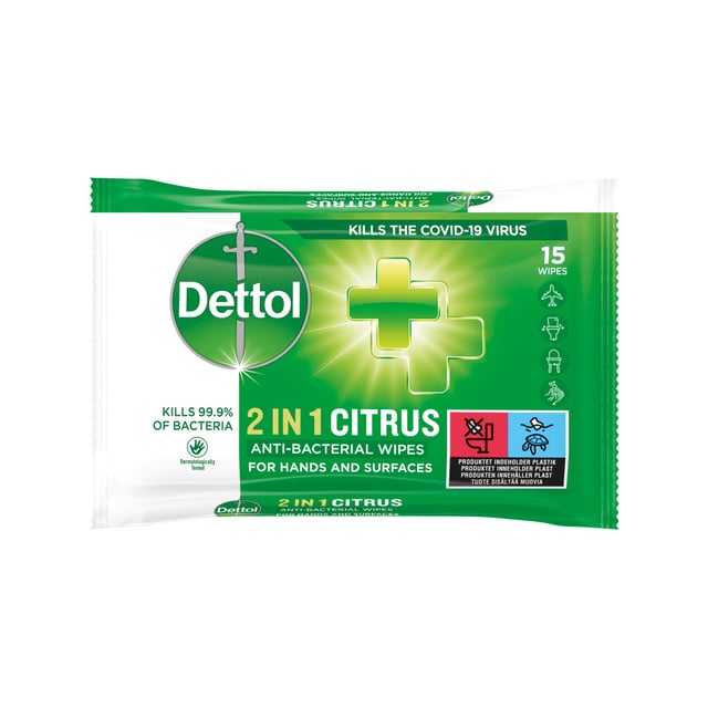Dettol 2 in 1 Desinfektionswipes 15 st | Hudvård - Händer & fötter - Handvård - Handdesinfektion,Förkylning - Handdesinfektion & handsprit | Apoteka