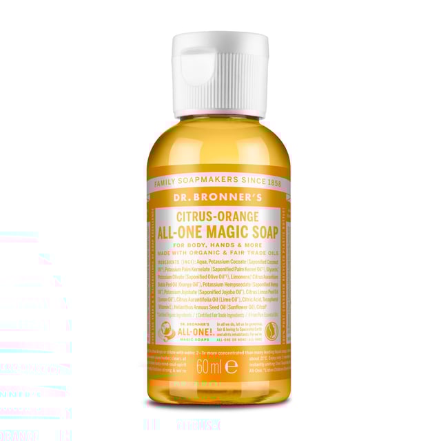 Dr Bronners All One Citrus Liquid Soap 60 ml | Hudvård - Kroppsvård - Bad & dusch - Badolja,Hudvård - Kroppsvård - Bad & dusch - Duschkräm & duschtvål,Hudvård - Händer & fötter - Handvård - Handtvål,Hudvård - Reseförpackningar,Hushåll - Rengöringsmedel | Apoteka