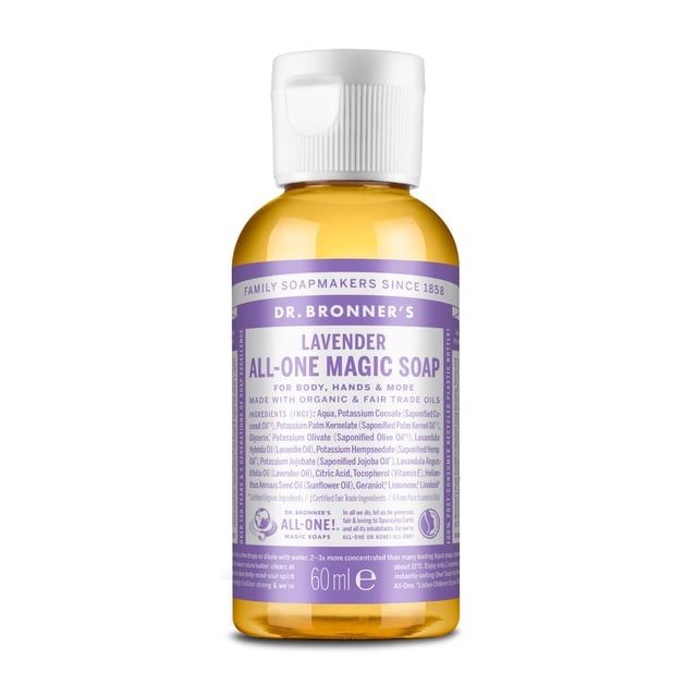 Dr Bronners All One Lavender Liquid Soap 60ml | Hudvård - Kroppsvård - Bad & dusch - Duschkräm & duschtvål,Hudvård - Händer & fötter - Handvård - Handtvål,Hudvård - Reseförpackningar,Hushåll - Rengöringsmedel | Apoteka