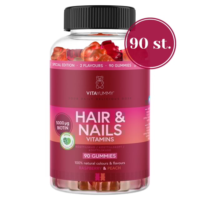 Vitayummy Hair & Nails Raspberry & Peach Mix 90 tuggtabletter | Vitaminer & kosttillskott - Hud, hår & naglar | Apoteka