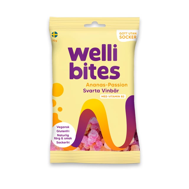 Wellibites Ananas-Passion & Svarta Vinbär 70g | Mat & dryck - Snacks & godis - Godis | Apoteka
