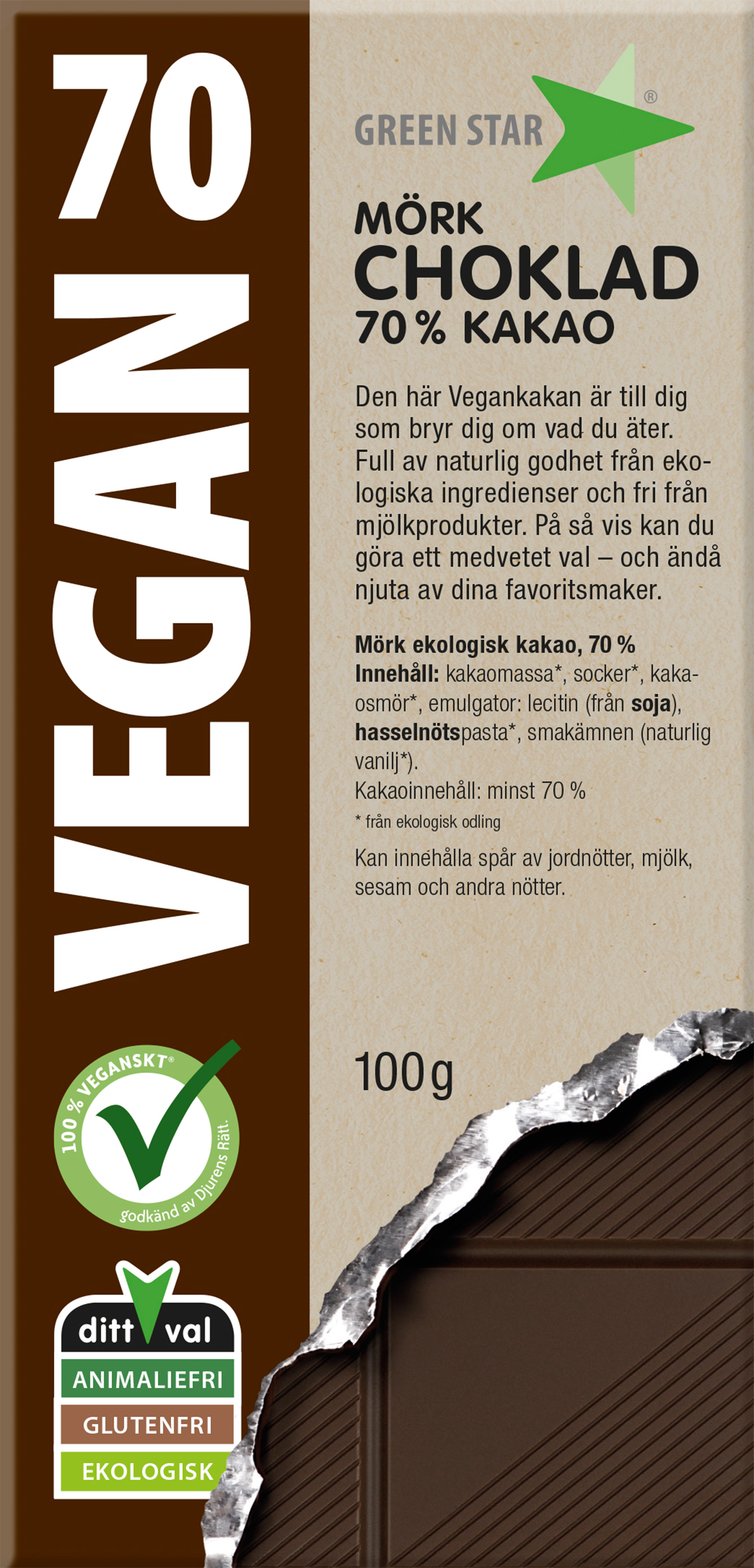 Green Star Vegan 70% mörk choklad EKO 100 g