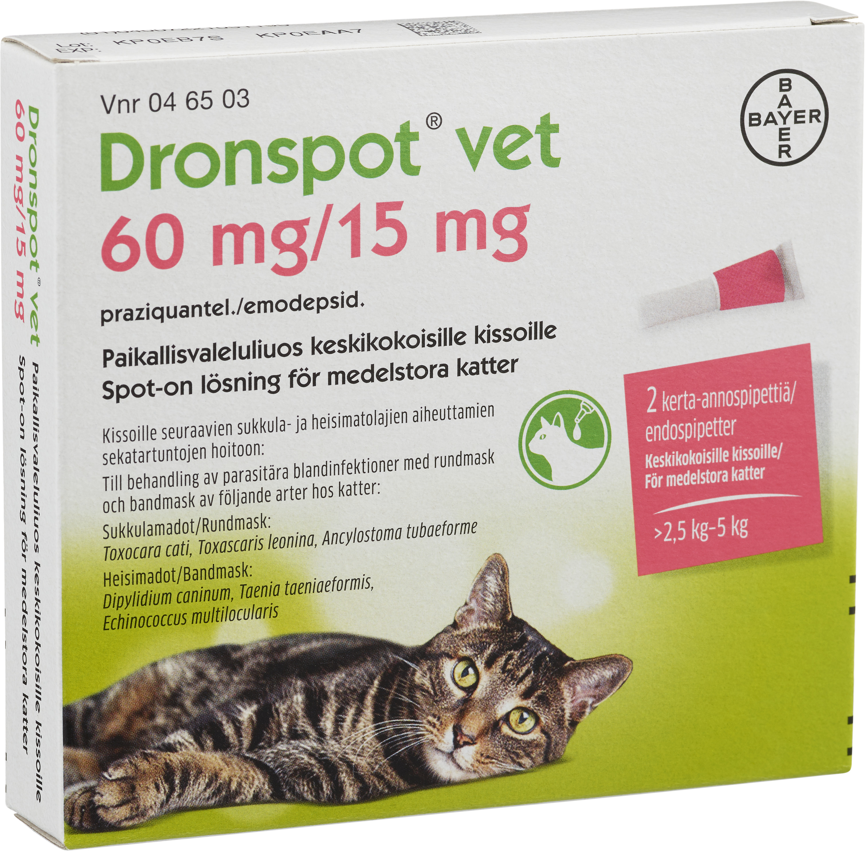 Dronspot Vet 60 mg/ 15 mg Sport-on lösning för medelstora katter 2 x 0,70 ml