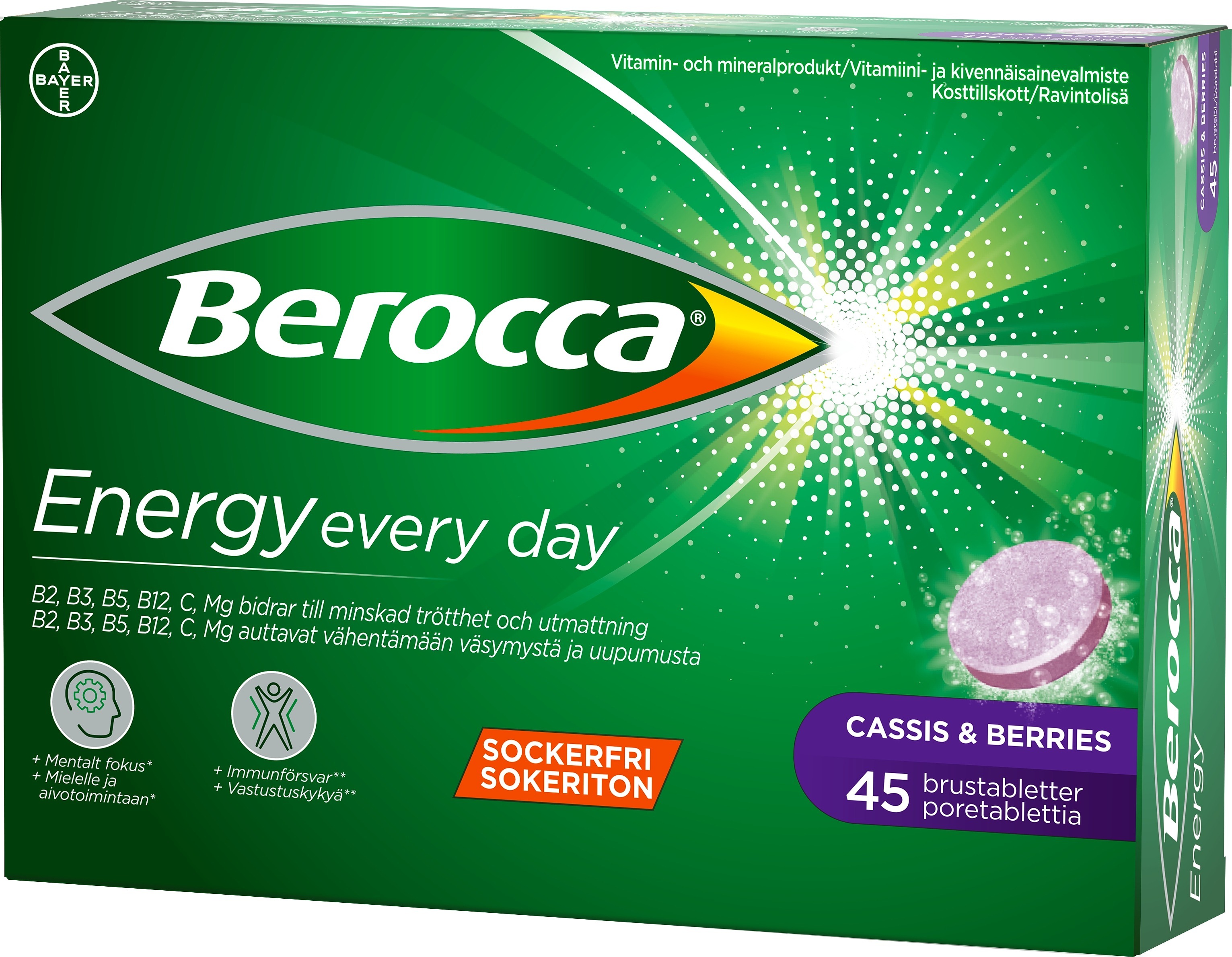 Berocca Blackcurrant Energy Vitamin C, B1 B2 B3 B5 B12 & Magnesium - 45  Tablets
