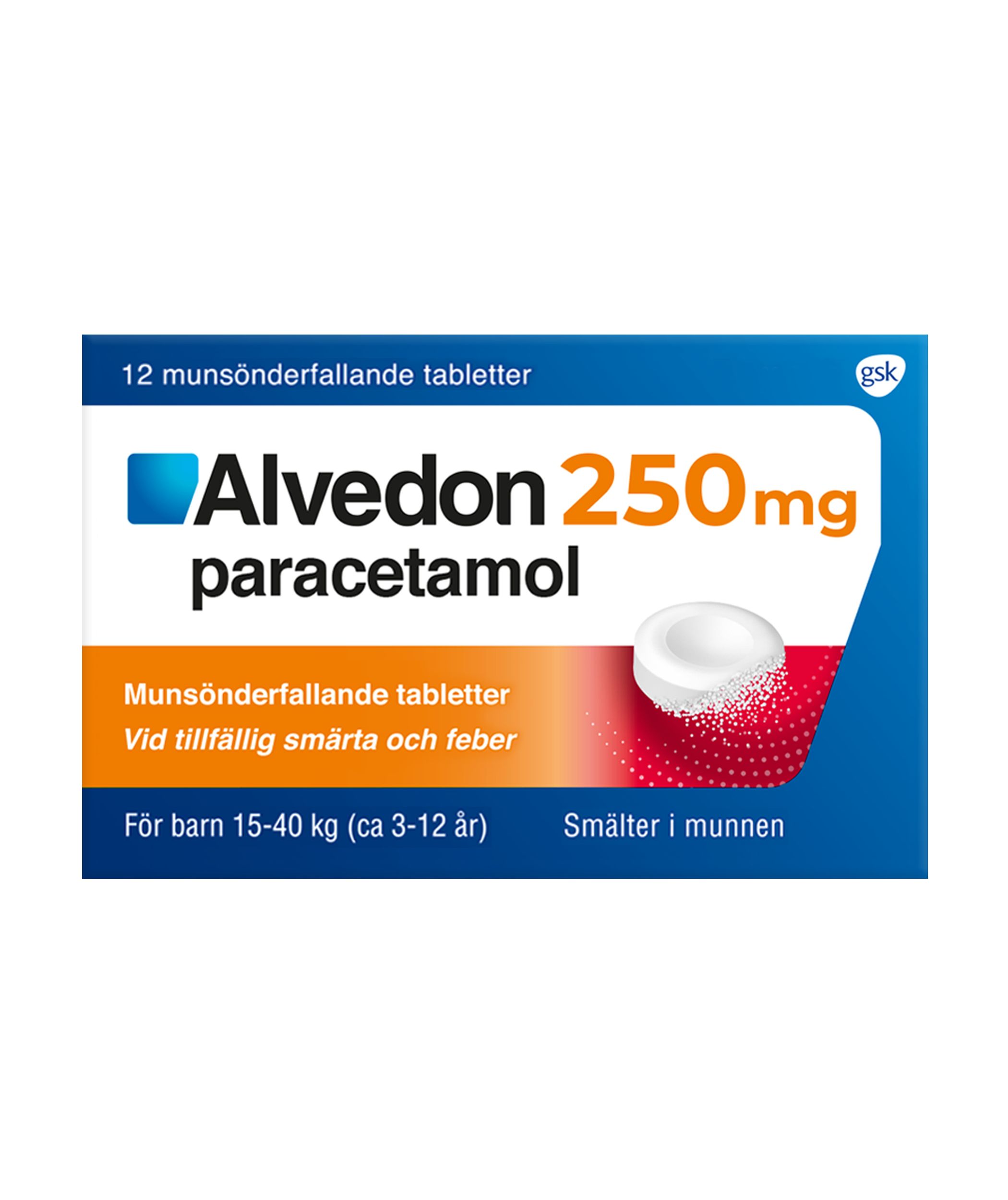Alvedon 250 mg paracetamol  (15-40 kg) Munsönderfallande Tabletter 12 st