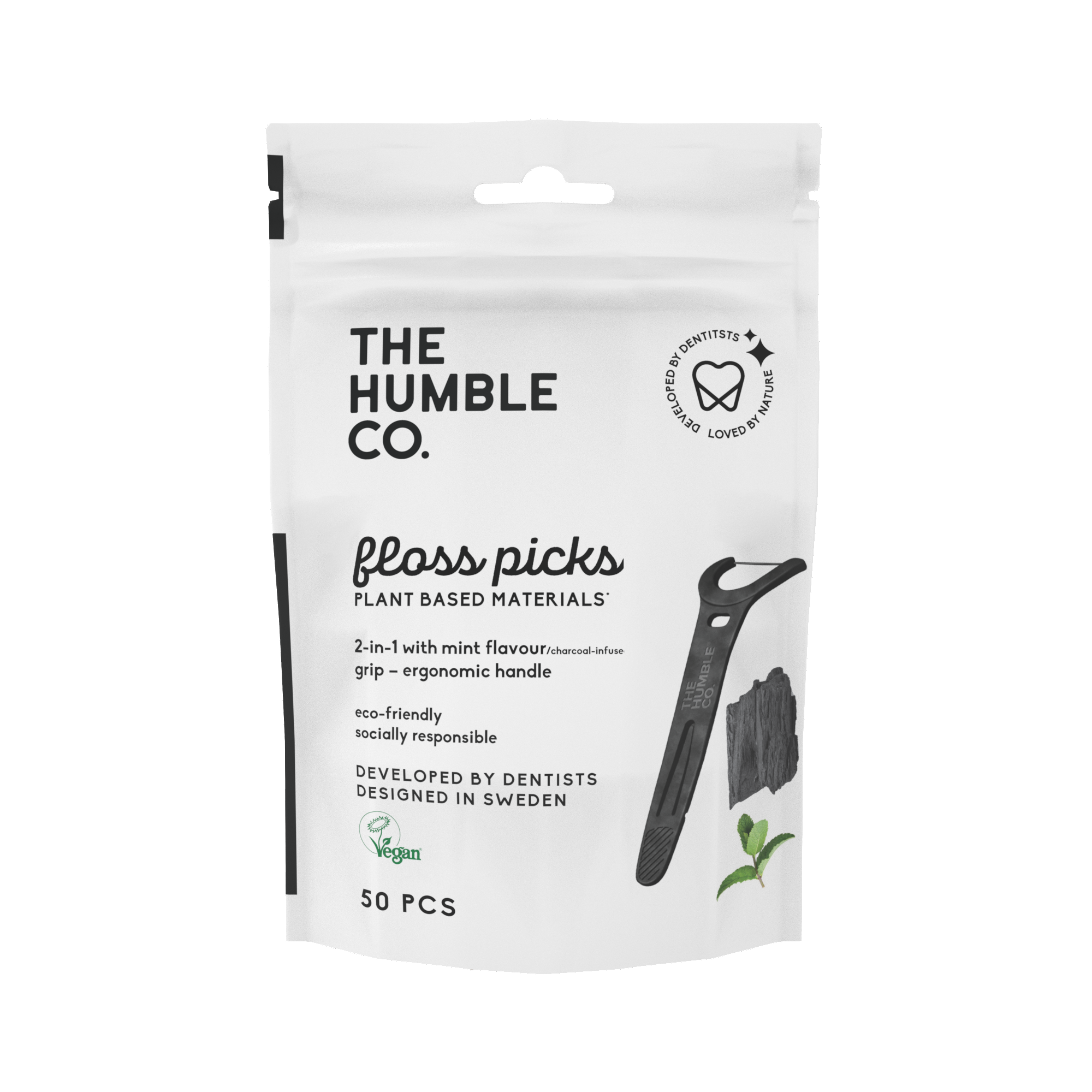 The Humble Co. Floss Picks Grip Handle Tandtrådsbyglar Charcoal 50 st